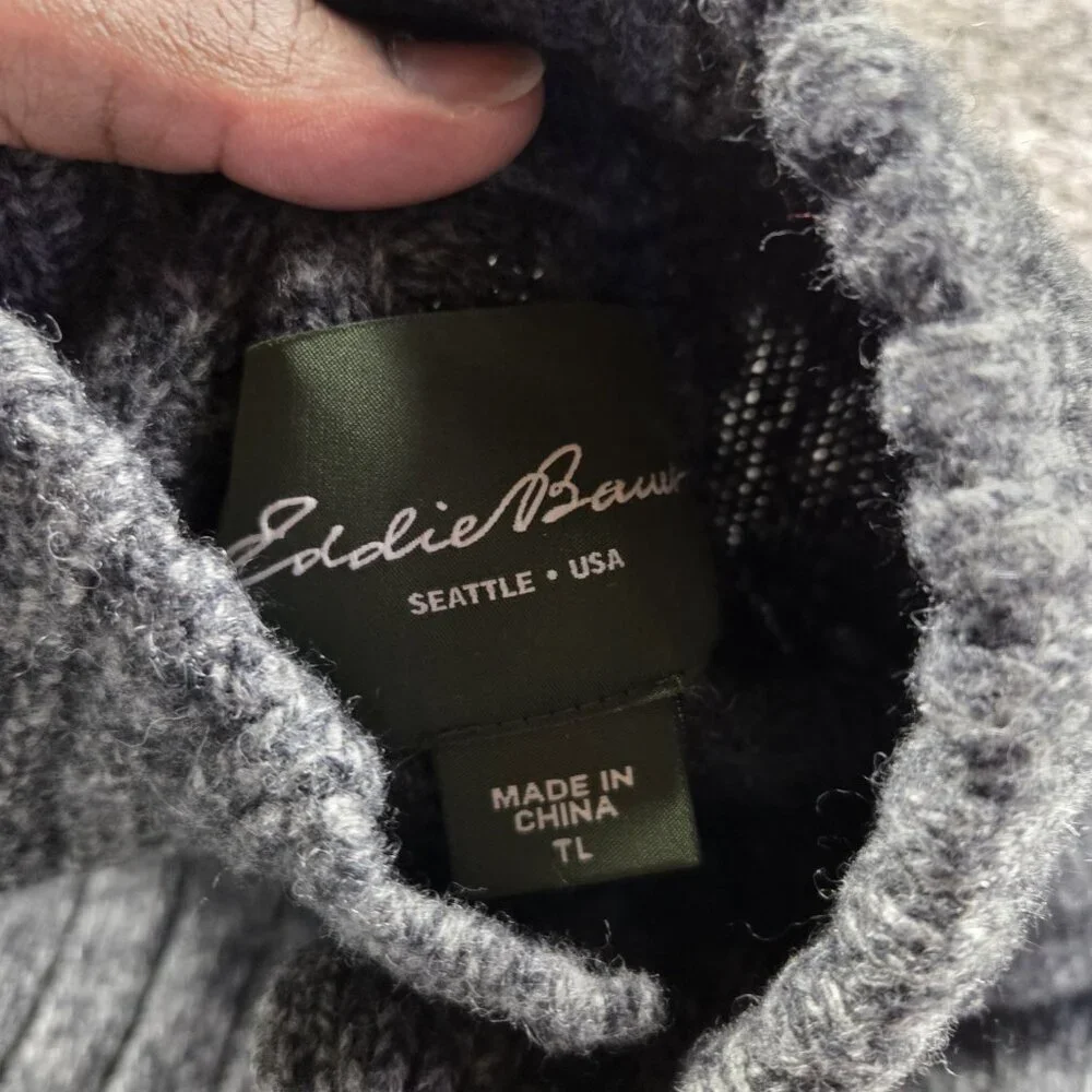Eddie Bauer Sweater Mens Large Tall Gray Henley Ribbed Wool Blend Preppy